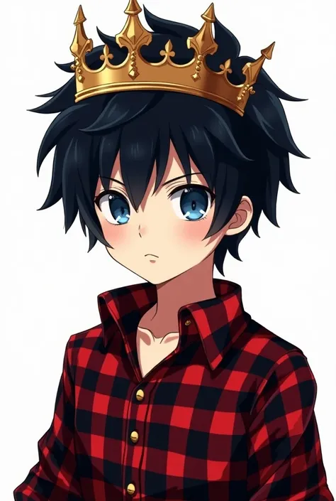 An Asenano boy with black hair blue eyes red and black plaid shirt with crown on his head white background anime version 