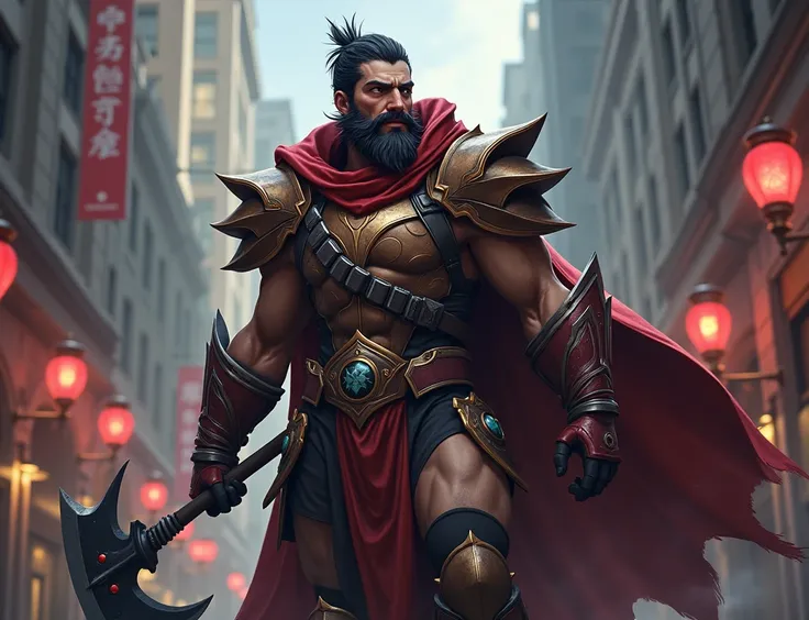 League of Legends character as a  Show what Darius would look like as a  with his double-edged axe in his hands on the streets of Noxus