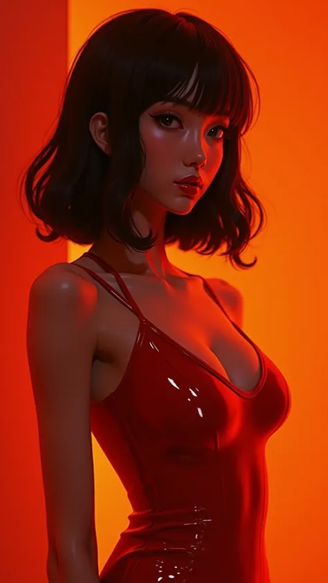 80’s glam rock styling, shiny skin, asian teen, anime, 2.5D, moody lighting, (Red, Yellow, and Orange), abstract ai model, pretty, sexy, minimal, sleek, slender, asian, elegant, chic, futuristic, retro, sophisticated half human half machine, big breasts, c...