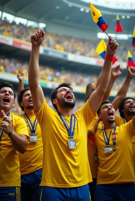 5 Fans of National team of Colombia sing a song in the Metropolitano Stadium in Barranquilla, Colombia. They use  shirts with the color from flag of Colombia and hace some many flags of the country. 