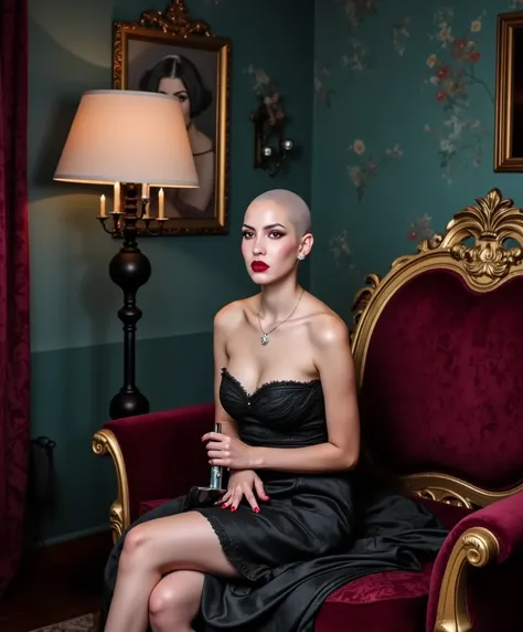 (She is looking at the viewer lovingly). the scene is a surreal, luxurious image of a (((completely bald woman))). ((Her head is smooth bald), she is sitting elegantly on a lavish, baroque-style couch with ornate golden carvings. She is dressed in a flowin...