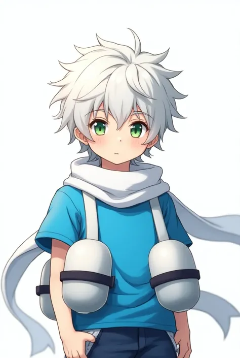 A boy with white hair green eyes blue shirt with pontoons with scarf white background anime version