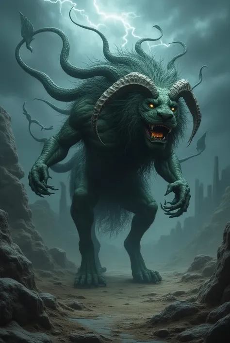 Create an image of a fantastical hybrid creature called the "Gorgomera," which combines the terrifying features of a Gorgon with the fierce, multi-headed nature of a Chimera. The Gorgomera has the serpentine hair of a Gorgon, with snakes that writhe and hi...