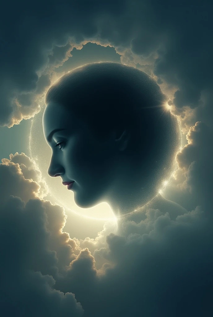  In the background a cloudy but clear sky ,  in the center a black hole and in the center of this the face of a beautiful woman like the Virgin Mary, this face is a luminous silhouette 