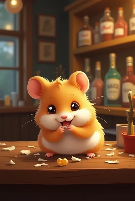 Un tout petit hamster qui ronge le comptoir dun bar, le tout dans un style cartoon