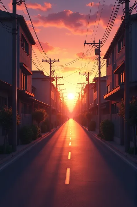 A straight street with a sunset 