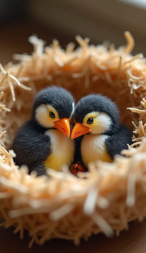 Two Baby Toucans in a Cozy Crib Nest
"A super realistic image of two baby toucans nestled in a straw-filled crib nest, their small, colorful beaks and soft feathers close together. The nest-like bedding gives the toucans a warm, peaceful place to rest."