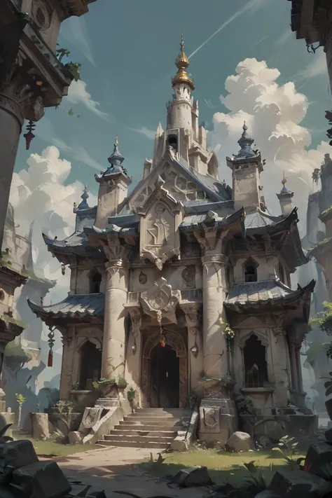 Full shot of a white stone palace courtyard with green accents, concept art