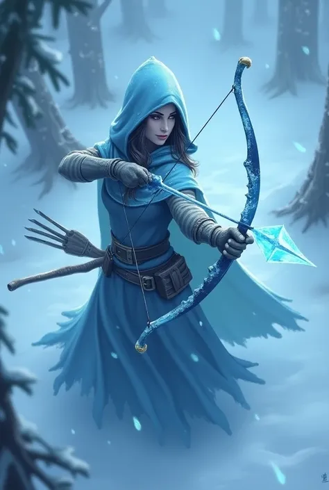 an ice woman ,  seen from above in a snowy environment , with cape and hood,  with a bow in her hands and shooting an ice arrow with blue effects on the tip, with digital fantasy art , estilo dungeons and dragons