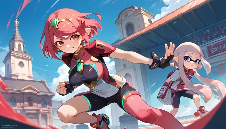 masterpiece, maximum quality, 4k,  detailed, pyra fighting inkling girl