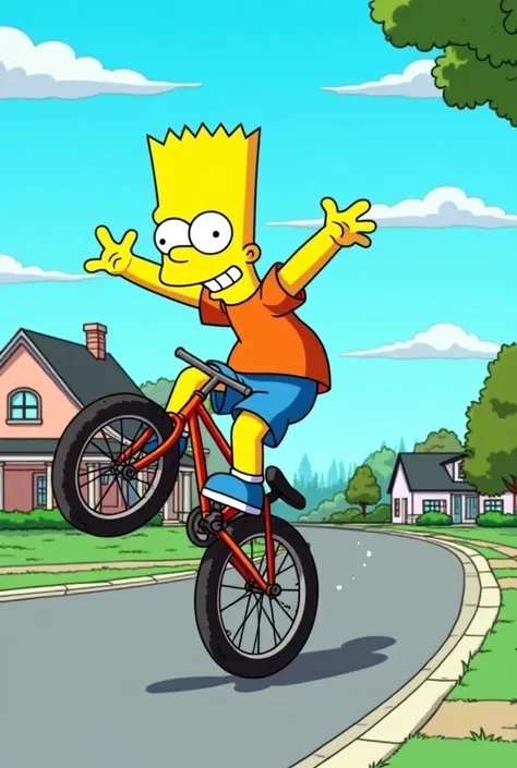 Make the simpson character bart doing a wheelie with a bike


