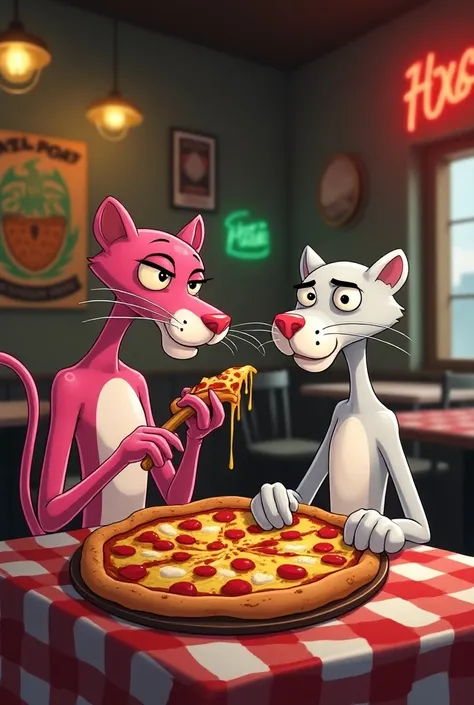 Draw me the pink panther eating pizza with his enemy the white one