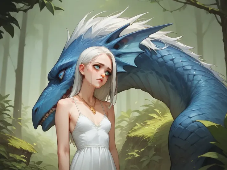 woman, long white hair, blue detailed eyes, small breasts, white dress. poor villager, medival, in forest. slowly transforming. growing blue scales, fear. golden necklace