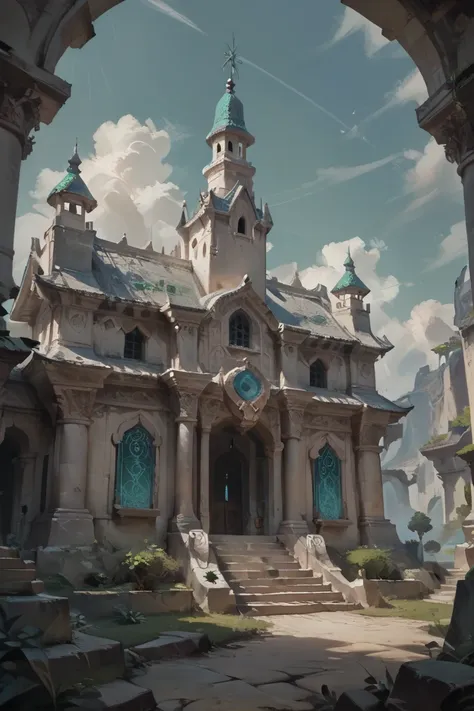 Illustrate the interoir of a white stone palace courtyard with green accents, clean lines, concept art