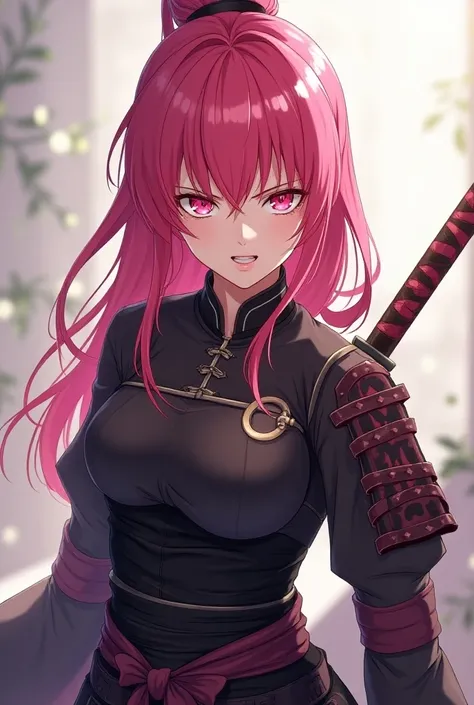  Anime girl approximately 28 years old, pink eyes,  pink hair,  and a samurai costume , with intimidating eyes  