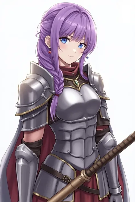 the character illustration of a woman with purple hair and armor on, standing with a wooden sword, 1girl, armor, breasts, jewelry, looking at viewer, long hair, weapon, earrings, blue eyes, shoulder armor, braid, cape