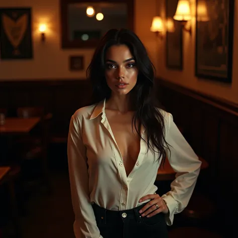  artistic photo of a beautiful famous chilean model pale skin  posing in a pub wearing a white boob shirt open 