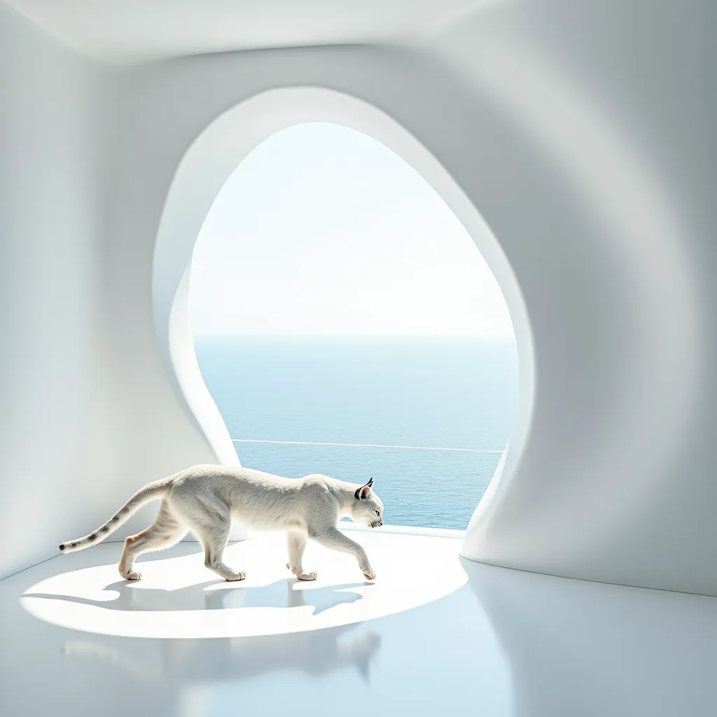 artistic photographic image of a modern minimalist white room with a background view of the sea , a white lynx walks around the ...