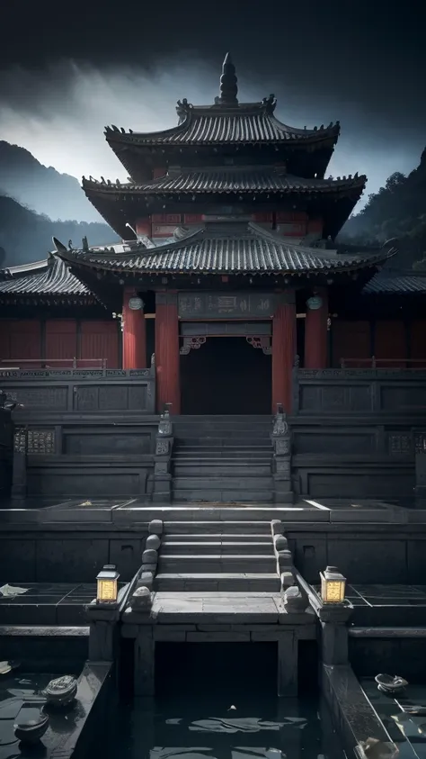 a detailed ancient chinese temple with mysterious black mist, journey to the west, a judge or elder figure, glazed tiles, buddha statues, lanterns, absurdist elements, realistic lighting, abyss, male character, snake spirit, underwater, water prison, detai...