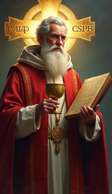 "Uma imagem vibrante e detalhada de São bento,  with his Benedictine monk robe ,  holding a chalice and a sacred book ,  both symbols of wisdom and faith . In the background,  a cross with the initials C .S.p.b.’ (Crux Sancti patris benedicti),  a powerful...