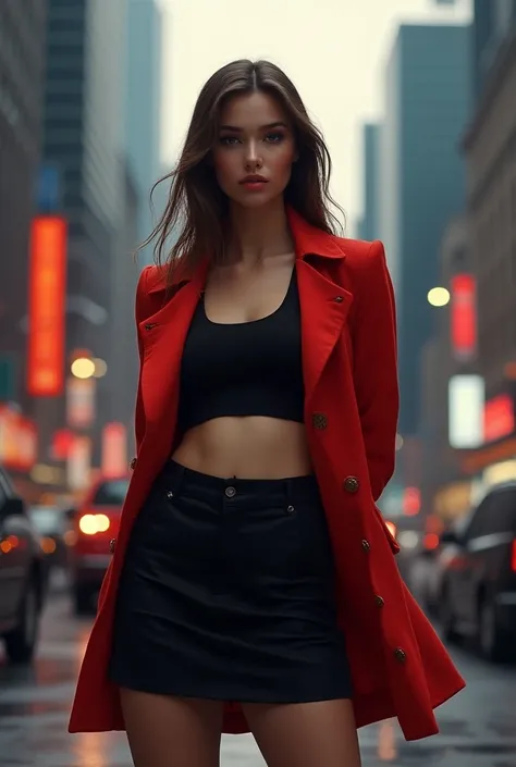 highres,masterpiece,best quality,extremely detailed,nsfw,1girl,city, street,arms behind back, black skirt, red coat, eye focus,