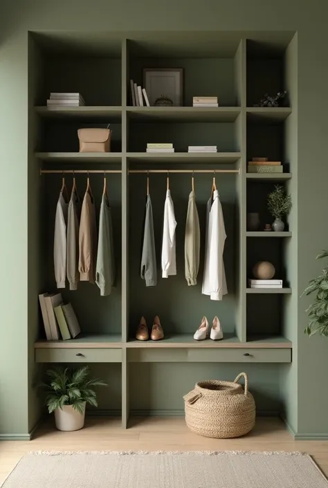  Create an image of a 3 ,33 cm wide ,  with olive green background ,  front wall where on this wall there is an open closet with some shelves suspended by French hands and with some hangers from ceiling to floor and on the right side a study space with a d...