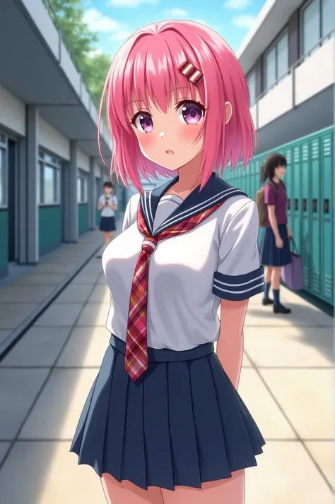 Make a Girl Pink Hair, Loli in high school clothes and busty