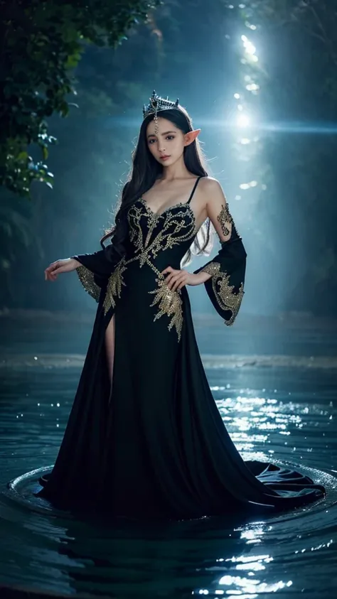 a woman in a black dress standing in a pool of water, a beautiful fantasy empress, beautiful and elegant elf queen, ((a beautiful fantasy empress)), flowing magical robe, wearing fantasy formal clothing, fantasy outfit, fantasy style clothing, fantasy robe...