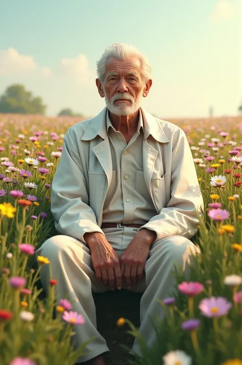 Elderly man in a white jacket sitting in a field of flowers  