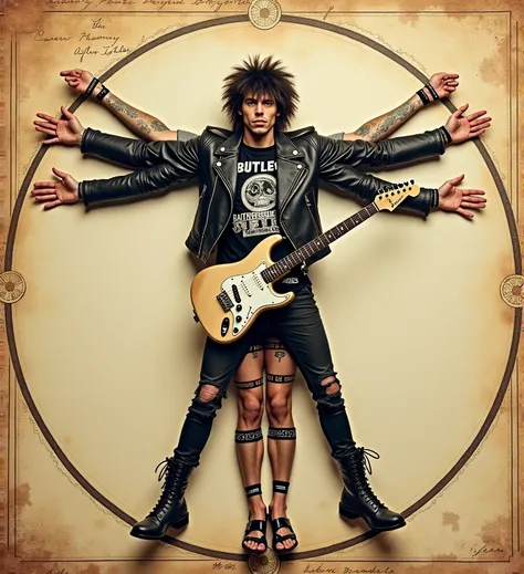 "(masterpiece, hyper-realistic, 8k resolution) A vivid and hyper-realistic image of a punk rockstar figure positioned like the Vitruvian Man, with multiple arms and legs forming two superimposed poses within a circle and a square. The punk rockstar is dres...