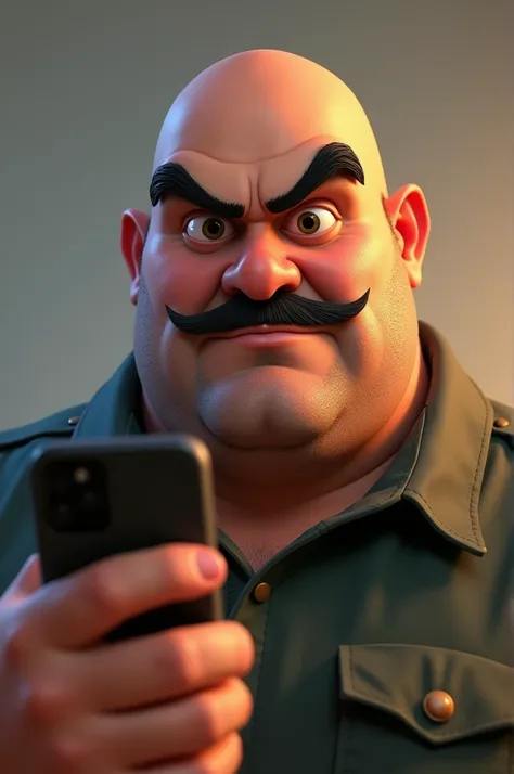  A close up of a man with a cell phone in his hand., Heavy looking, Anato Finnstark. Pixar,  Pixar portrait 8 k photo , danny devito as dr.. eggman,  ideal Pixar character , Team Fortaleza 3 ,  Torbjörn from Overwatch , character portrait close-up, Close-u...