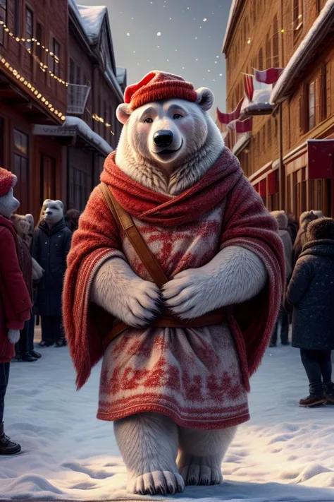  A cute toddler dressed in a cozy, knitted red-and-white outfit featuring a maple leaf design, representing Canada, standing next to a friendly polar bear on a public parade scene. The toddler has a cheerful expression, wearing a matching red hat, with a c...