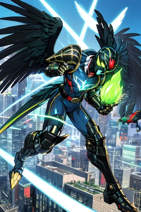 ((best quality)), ((masterpiece)), (detailed), 1 man, full body, 25 years old, masked, blue mask, blue head, uncovered mouth, biker helmet, blue helmet, parrot helmet, black neck, tall, thin, black beak, black details, a green parrot with a blue head on hi...