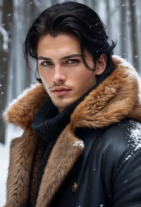 handsome Scandinavian man , (25 years old)  moderately pumped  , with black hair (((to the shoulders,))) ,  with brown eyes dressed in Scandinavian style , black wool sweater,  on top fur coat  , ,  in Scandinavian countries covered in snow holds an old ma...