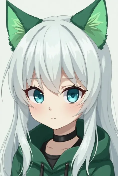  with white hair with green cat ears and no cat tail behind the white is he has blue eyes