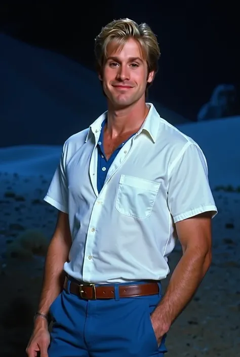 Freddie Prinze Jr as Fred Jones, wearing a white, short-sleeved collared shirt tucked into blue pants, a blue shirt under the white one appearing next to the neckline. giving him a polished yet casual appearance. A brown belt with a simple buckle, strong w...