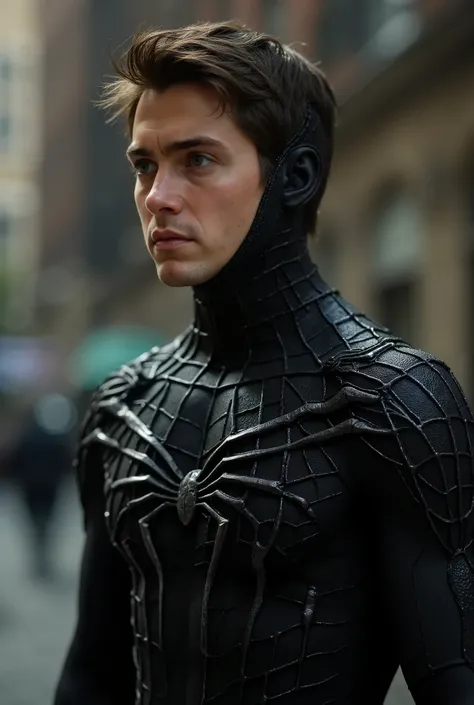 Peter Parker, portrayed by Tobey Maguire, watches as his Spider-Man suit is invaded by a black, almost living substance. His eyes are fixed with a mix of fascination and discomfort as the symbiote takes over his body.