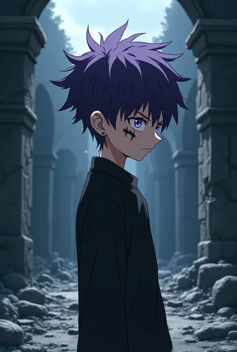 A tall height twenty years old teenager boy with a thin but fit body and a sharp chin. On his cheek there is a tattoo of a black crownlike half gear. He has short spiky purple hair and beautiful purple eyes. He looks with a tense face and a closed mouth. H...