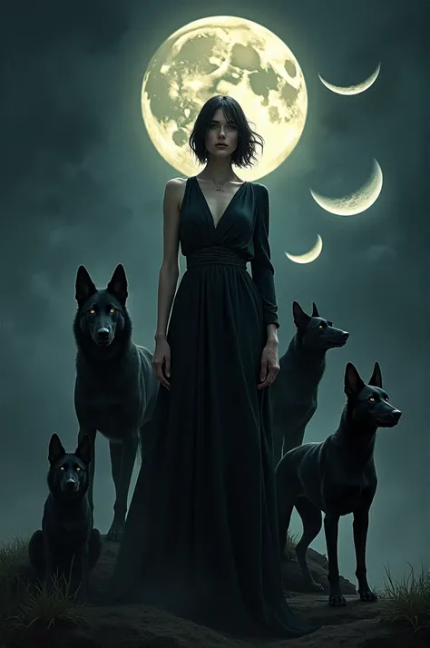  The modern-haired goddess Hekate with medium build and short hair , dark eyes and Latin appearance  , in dark style with her three dogs and all the phases of the moon in the sky, 