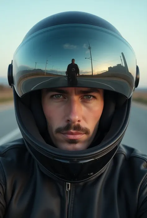 Front-facing motorist with helmet reflecting his wife and daughter in full and up close