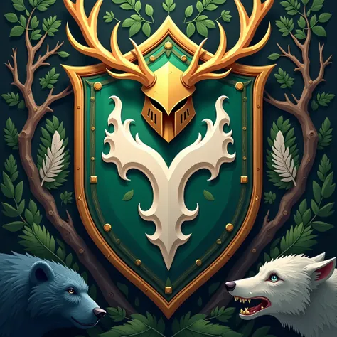 Shield, Green White pattern, golden Border, knight helmet with deer horns in top of the shield, left Side a DARK blue bear, right side a silver Wolf, surroundings with branches and feathers, colorsheme White Green