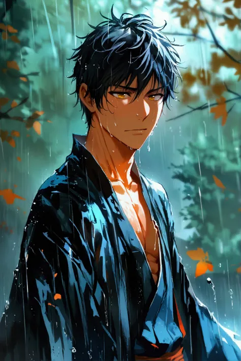 1 boy,  Male Focus , Ichigo Kurosaki, Bleach, hakama preta, tensa zangetsu (For the bank), torn clothes, outdoor, rain,  chest muscles, ( masterpiece ), ( best quality ), ( super detailed), aesthetics, Illustration,  messy hair,  perfect composition , wet ...