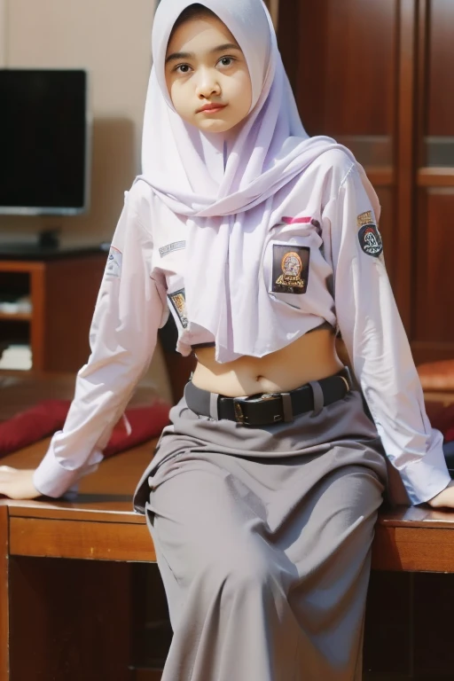 ((( Ultra-HD quality detail ))), Gen Z girls in hijab,  long-sleeved shirt ,  open belly button , indistinct, Long skirt, low waisted buckle belt (like a belly dancer ), sitting hunched over, lean back, realistic, ( 8K resolution )