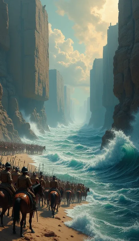  create an image of the sea closing in on Pharaohs army, ensuring the safety of the people 