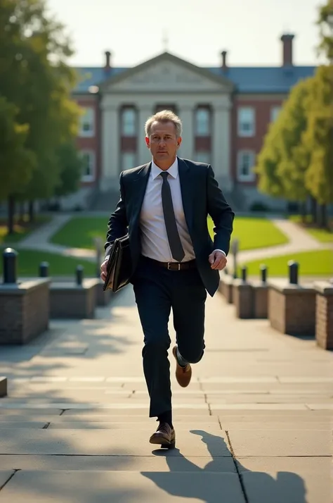 An adult man in formal attire , Running down the outside stands of the university 