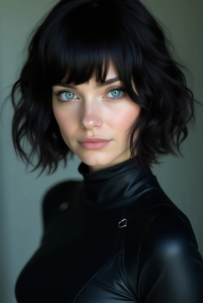 Realistic photo, beautiful model approximately 24 years old, fair skin, short black hair wavy at the ends to the shoulders, bangs, bangs on the forehead, light blue eyes, busty, black scientific clothes, sci-fi