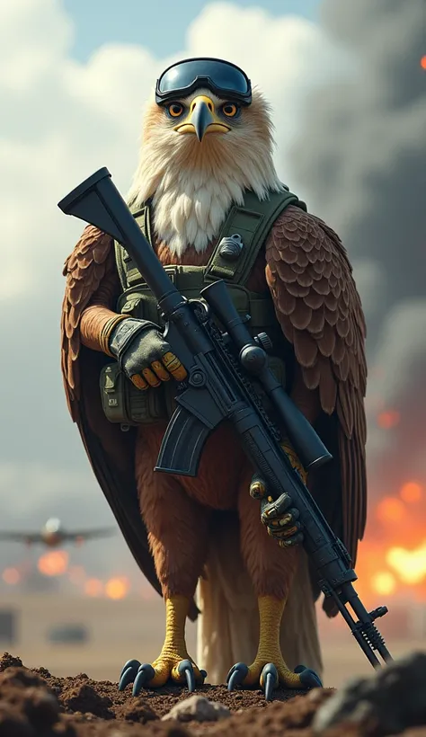 "An elite military eagle standing tall on two legs, wearing a pilots flight suit, tactical gloves, and holding a sniper rifle. The eagles wings are folded behind it, and it wears specialized aviator goggles over its sharp eyes. The background is a high-alt...