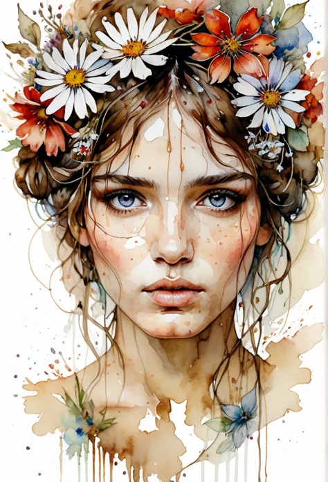 show full head extremely detailed portrait with flowers in her hair in a rough sketch coloured with watercolor, extremely detail...