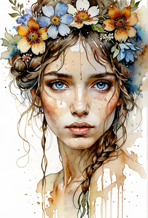 show full head extremely detailed portrait with flowers in her hair in a rough sketch coloured with watercolor, extremely detail...