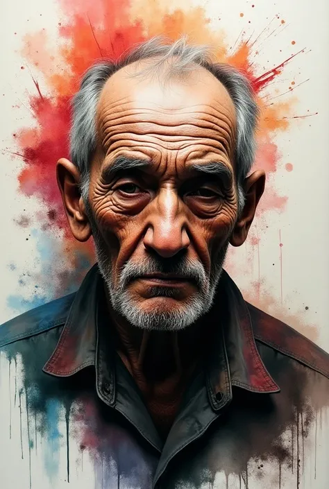 Half oil painting , half Charcoal sketch, old man,abstract background, splashed watercolour 